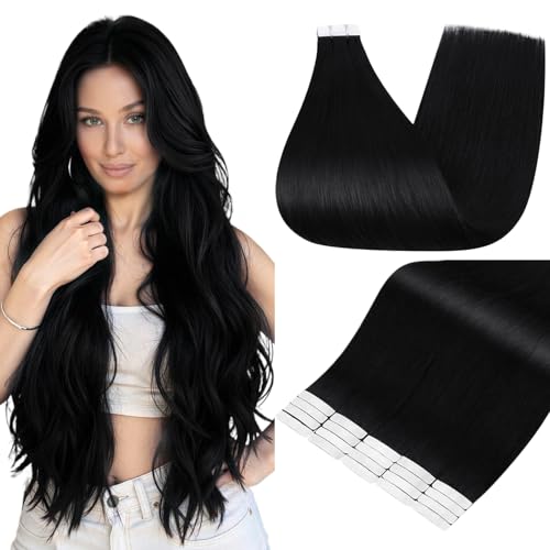 Full Shine Tape in Hair Extensions Human Hair 20 PCS Natural Color 1 Jet Black 22 Inch Invisible Double Sided Remy Human Hair Tape in Extensions 50g Straight Seamless Soft Hair for Wedding